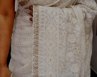 Lucknow georgette Chikankari Saree: embroidered with cutdana, Gotapatti,sequins and zardozi work borders, wedding Bridal sari