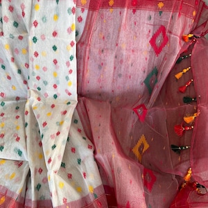 Handloom Dhakai Jamdani Saree from Bangladesh ||  84 counts white  Jamdani Half Silk Saree || Original Dhakai Jamdani ||SareeshipsfromUSA||
