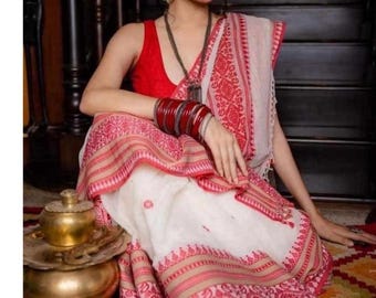 Handwoven cotton Begumpuri saree with embroidered borders |white red soft cotton saree with blouse piece |Bengal Saree|| ships from USA