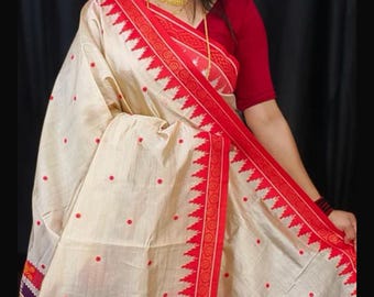 Assam Handwoven Tussar Silk Saree, Ikkat Border, All Over Butta Design, Blouse Piece, off white red saree