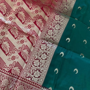 Banarasi Katan silk saree with Meenakari Zari  work and Blouse piece,Red green Banarasi Katan, party &wedding wear saree, saree for USA