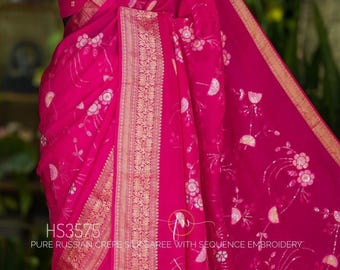 Banarasi Munga Crepe silk saree pink color with sequins embroidered work and Banarasi borders, Blouse piece,wedding saree, party sari