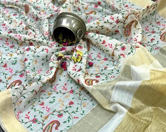 Hand embroidered kantha and Kashmiri kashida work on linen Tussar saree:ships from USA