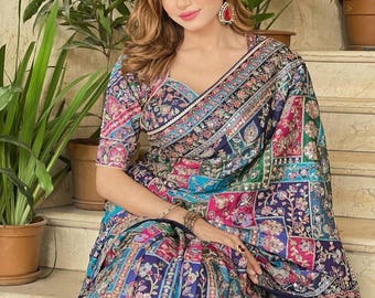 Ajrakh print on chinnon  silk saree embroidered with mirror,Gotapatti, zarkans, stones, Blue  purple color sari,wedding & party wear saree