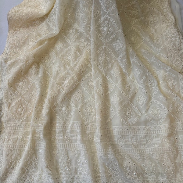 Off white Lucknowi Chikankari saree with embroidery work, Bollywood style