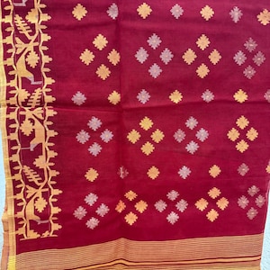 Handloom original Dhakai jamdani saree|Red cotton 84 counts Bangladesh weave, Durga puja saree