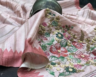 Hand paint & katha stitch floral embroidery work on light pink Tussar silk saree, party saree, Festive sari