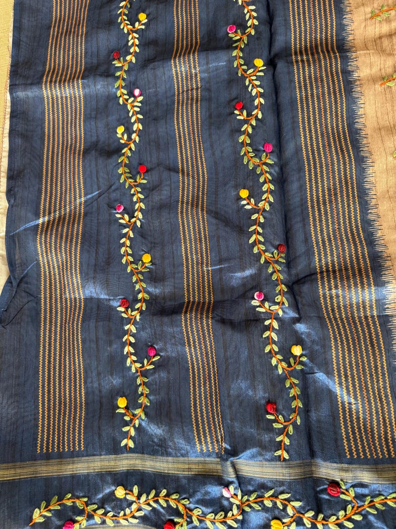 Handcrafted Tussar silk saree featuring delicate French knot embroidery with intricate floral detailing, offering a blend of texture, elegance, and artisanal charm.