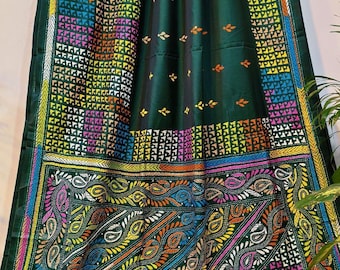 Hand kantha stich on blended bangalore silk||Green  katha stitch saree with Blouse piece ||wedding & party wear sari|| saree ships from USA
