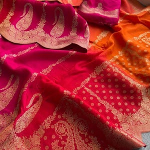 Munga Banarasi silk saree with weaving work and scalloped borders ||pink orange silk Saree||  sari with Blouse piece ||Party wear Saree