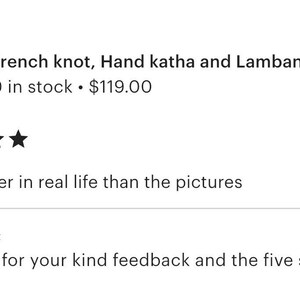 Pode incluir: Imagem de um an&uacute;ncio de produto com texto: "French knot, Hand katha and Lambani embro..." e uma classifica&ccedil;&atilde;o de 5 estrelas. O texto "Looks better in real life than the pictures" tamb&eacute;m &eacute; vis&iacute;vel. Uma resposta do cliente agradece o feedback.