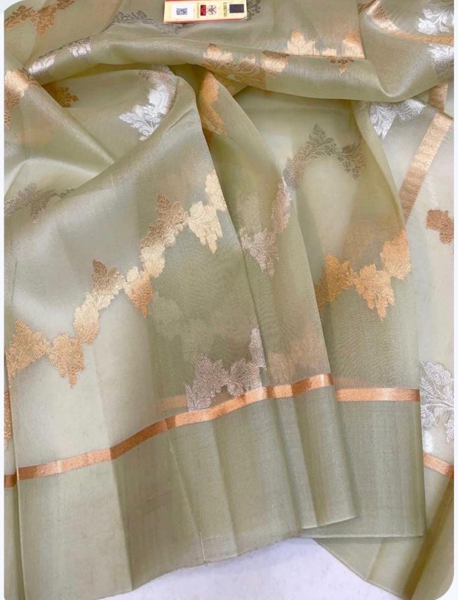 Handwoven Banarasi Kora Organza Silk Saree Sage Green, golden silver zari Motifs, Bridal Wear