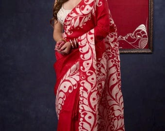 Red white pure Bishnupuri silk saree| Hand- wax Batik sari| Murshidabad silk saree| wedding party Festive wear