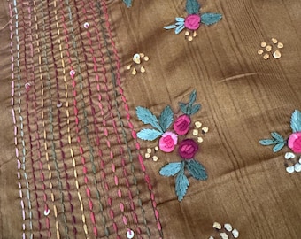 Lambani &katha floral embroidery work on  Mustard yellow Tussar silk saree with blouse piece for party wear, wedding saree