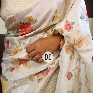 Munga Banarasi silk saree with floral  weaving work  | Unstiched Blouse piece| Party wear Saree |off white Pure munga silk Saree| Sarees USA