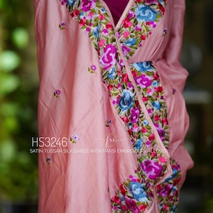 Parsi Gara  Embroidered  floral design Tussar  Silk saree with blouse piece || Designer Sari|| Pink Silk Sare|| party wear sari || sarees US
