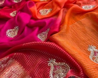 Zardozi work on Muga  silk Banarasi saree| pink orange Muga silk with Blouse piece | Indian sari, Gift for her