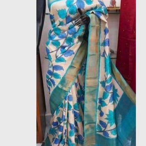 Tussar silk saree Zari  border in off white blue with hand painted  floral kalamkari art,Authentic zari Tussar silk sari ,sarees USA
