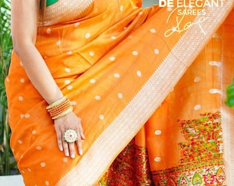 Tussar silk saree in orange with Kani weaving work with unstitched blouse piece for wedding party.