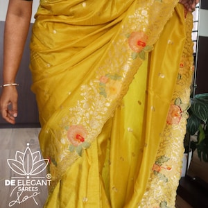 Munga silk saree with golden Zari work Banarasi bordered and cutwork design |yellow  Munga Banarasi silk saree|  saree for USA