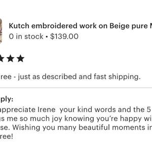 Pode incluir: Imagem de um an&uacute;ncio de produto com uma avalia&ccedil;&atilde;o do cliente. O produto &eacute; descrito como "Kutch embroidered work on Beige pure Muga..." com uma classifica&ccedil;&atilde;o de cinco estrelas. A avalia&ccedil;&atilde;o diz "Nice saree - just as described and fast shipping."