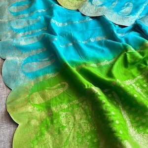 Munga Banarasi silk saree with zari  weaving work and scalloped borders ||silk Sarees||  sari ||Green Blue Muga silk||Party wear Saree