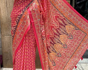 Ajrakh Print crepe silk saree with Real Mirror stones Work & Tassels, Festival Wear,pink Ajrakh saree,Free shipping USA