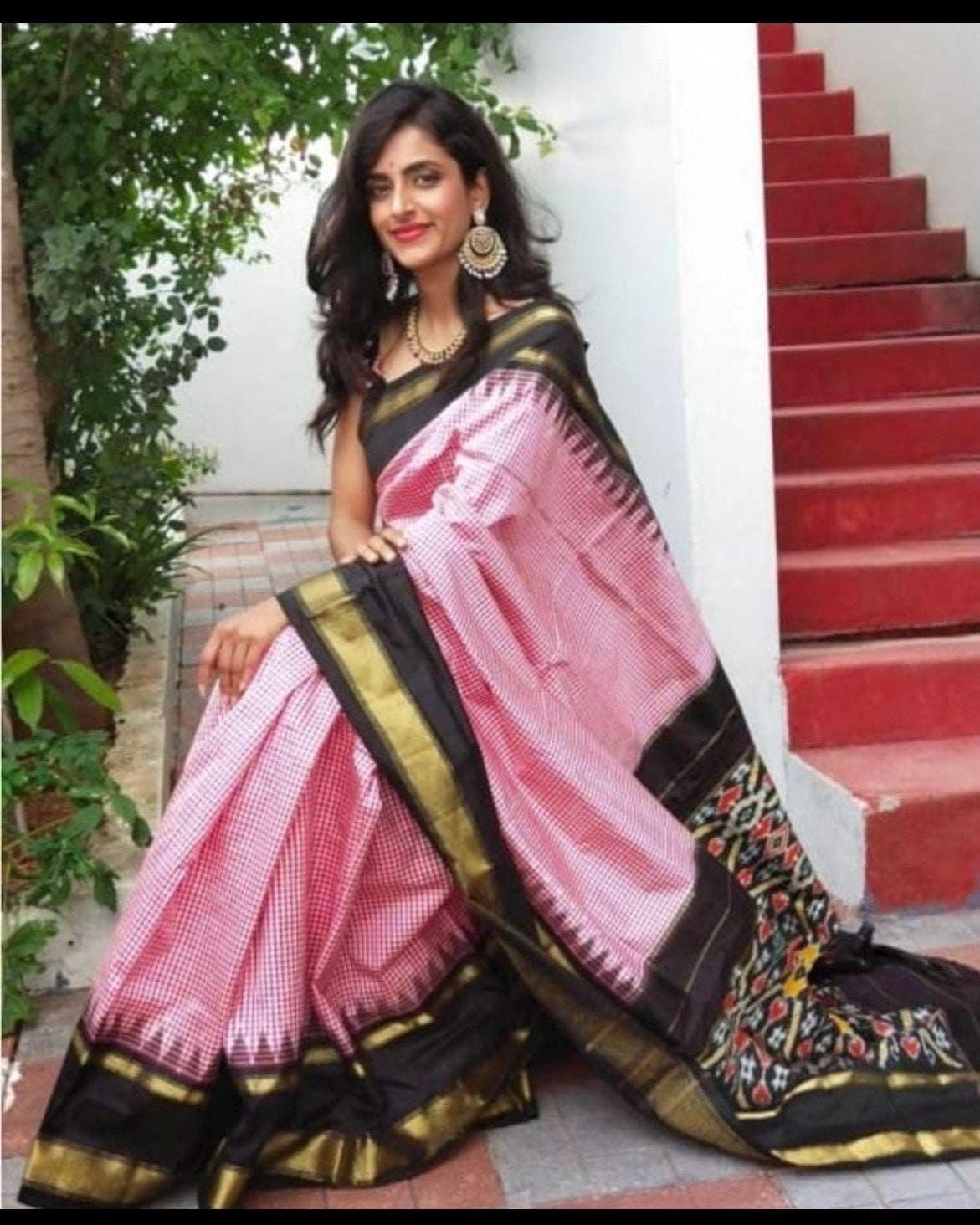 pochampally Ikkat pure silk saree|pink black Ikkat sarees| pattu saree|silk sarees|sari| party wear, wedding wear saree| ships from USA