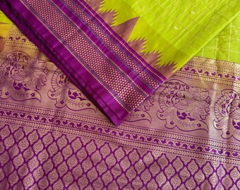 Semi Gadwal silk  check saree in green color with big purple borders and Blouse piece – South Indian Elegance
