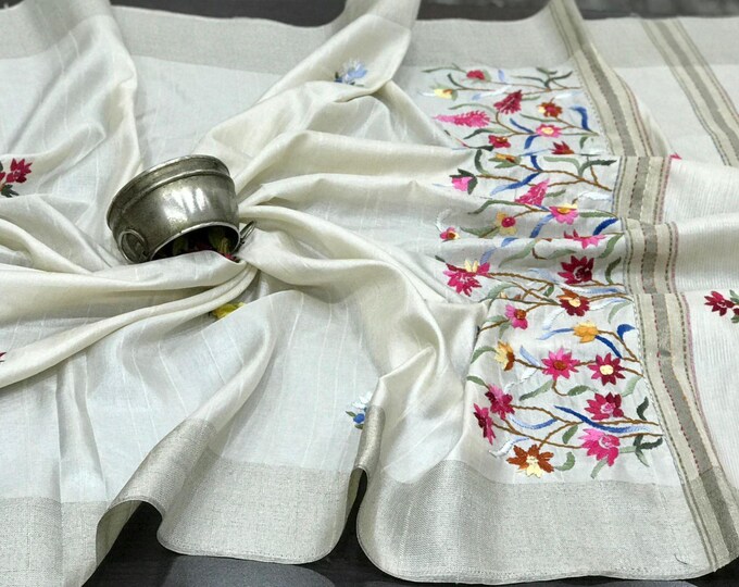 French Knot,katha Floral Embroidery Work on Vidarbha Tussar Silk Saree ...