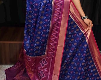 Pochampally Ikkat silk Saree: Blue pink   Silk saree  with blouse piece for party wear, Ikat  silk sari, saree USA