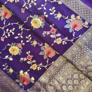 Munga Banarasi silk saree with zari weaving floral work and blouse piece, purple Muga silk, sarees USA