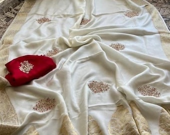 Munga  silk Saree with floral zardozi, Gotapatti, pearls and sequins work Banarasi bordered,Off white silk sari with red BP, zardozi saree