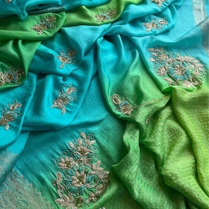 Munga  silk Saree green blue color with Banarasi bordered & zardozi, Gotapatti, pearls and sequins work for party  wear, sarees USA