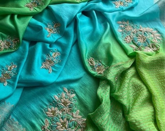 Munga  silk Saree green blue color with Banarasi bordered & zardozi, Gotapatti, pearls and sequins work for party  wear, sarees USA