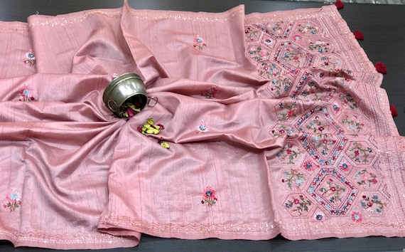 Lambani &katha floral embroidery work in pink color Tussar silk saree with blouse piece for party wear, wedding saree
