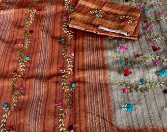 French knot floral embroidery work on Beige & mustard yellow Tussar silk saree with unstitched blouse piece, party wear sari