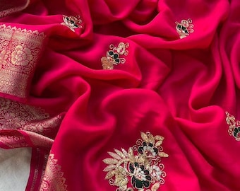 Pure Georgette  silk Saree in  pink gold color with Banarasi  bordered & embroidered with Gotapatti, pearls and sequins work, zardozi saree