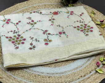 Kashmiri kashida embroidered work on Tussar linen saree with blouse piece, off white saree,Festive wear saree for USA