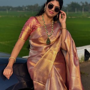 Tissue silk saree with golden Zari borders/  light pink Kanjivaram Tissue silk sari /With  Blouse piece / party wear/ sarees USA