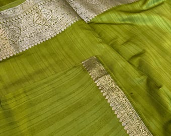 Handloom pure matka silk saree green  with Zari weaving Banarasi bordered and BP,Handwoven light weight soft matka silk sari for women USA