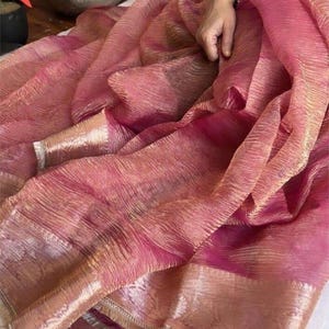 Crushed Tissue silk saree with Banarasi weaving border and  blouse piece | pink tissue banarasi | Designer saree| silk sarees| sari|
