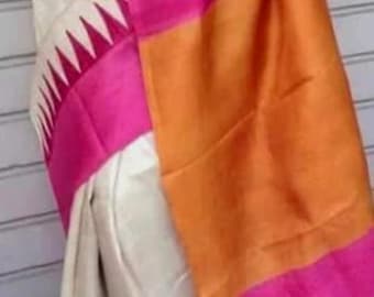 Silk mark certified Bishnupuri Hand Block printed saree,soft pure  silk saree in off white pink color border with Blouse piece
