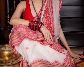 White red saree: Handwoven Khadi Cotton Saree, Soft embroidered Indian Sari with Blouse Piece, Durga puja collection, ships from USA