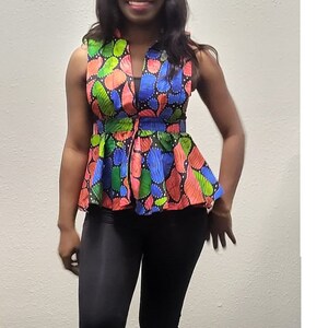 African Ankara Peplum Jacket - Colorful & Sleeveless 100% Cotton Top - Versatile and Adjustable African Wax Print Fashion for All Occasions