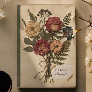 May include: A rectangular journal with a cream-colored cover featuring a central illustration of a pressed flower bouquet tied with twine. The text 'MY DAILY Journal' is printed in the bottom right corner. A dark green spine binds the pages.