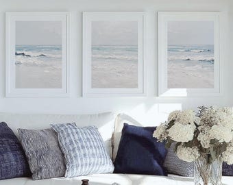Coastal Seascape Triptych Poster Set, Minimalist Ocean Waves Wall Art