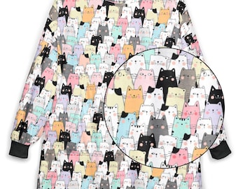 Cartoon Cat Faces Hooded Blanket, Unisex Snuggle Hoodie