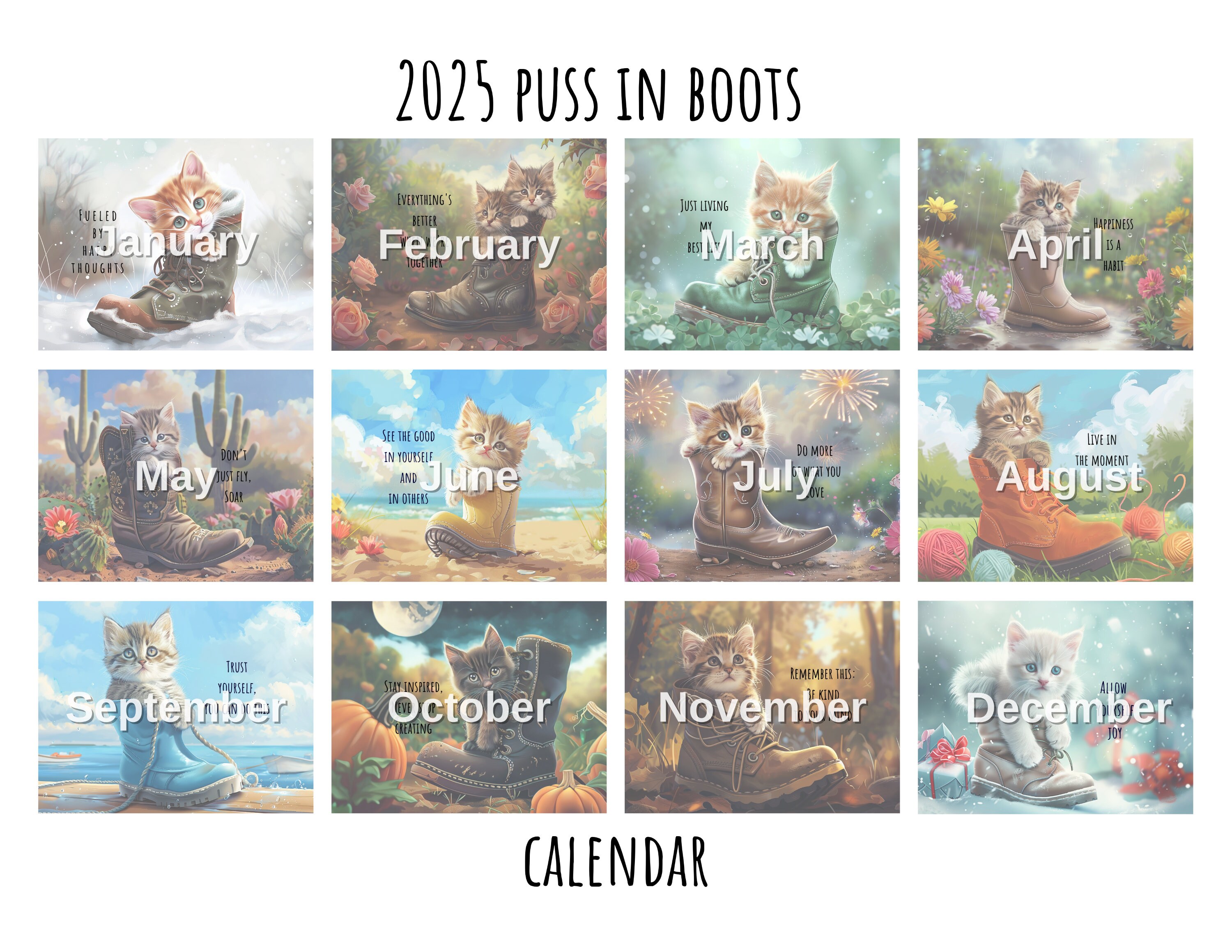 2025 puss in Boots Wall Calendar Personalizable Wall Calendar Cat