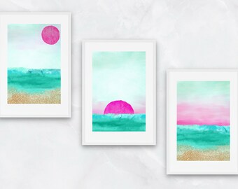 Turquoise Pink Sunset Wall Decor Set | Wall Art | Printable Art | JPG Files | Turquoise Art | Wall Decor | Home Decor | Hot Pink | Beach Art